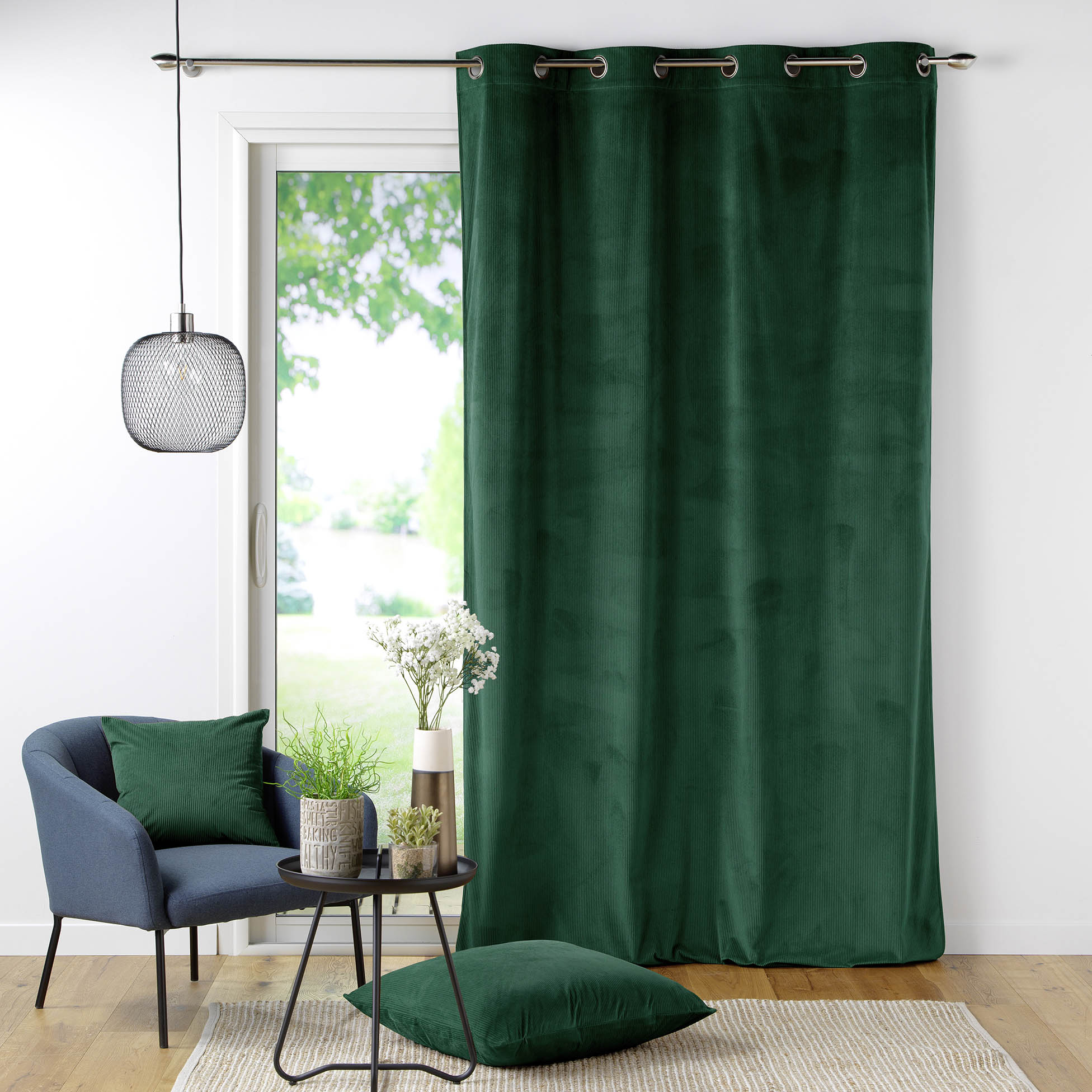 rideau en velours côtelé vert
