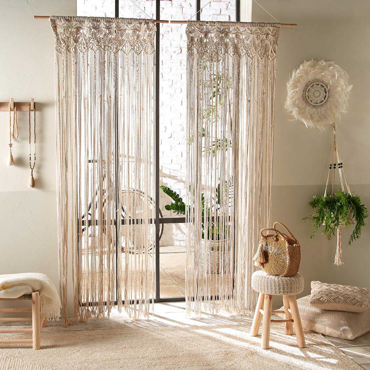 rideau fil en macramé beige