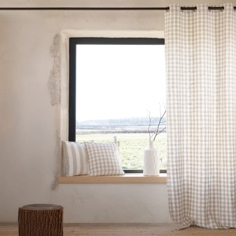 Rideau en coton effet lavé à motifs Vichy 140 x 260 cm Beige