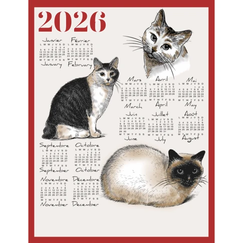 Torchon calendrier 2026 motif chats en coton 46 x 60 cm Rouge