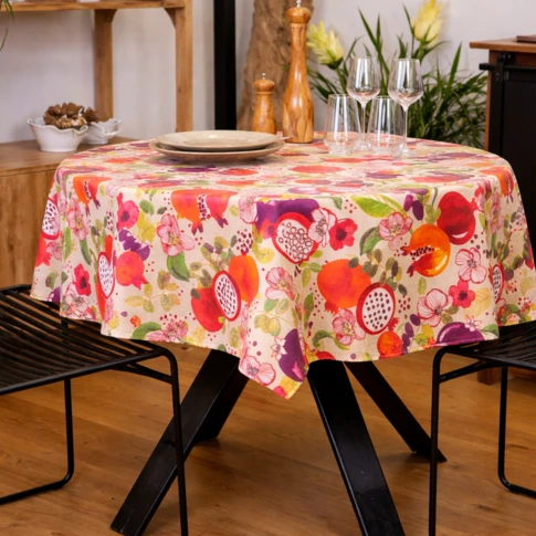 Nappe ronde enduite motif fruits 155 x 155 cm Carmin