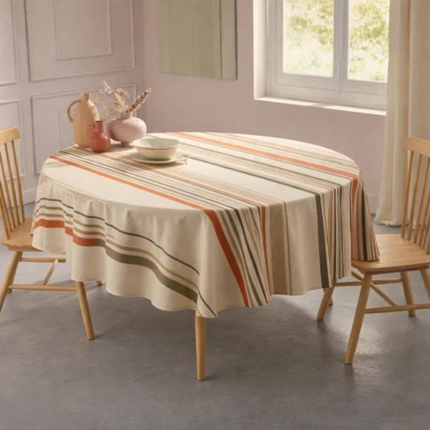 Nappe ronde en coton enduit motif rayures style basque 170 x 170 cm BEIGE
