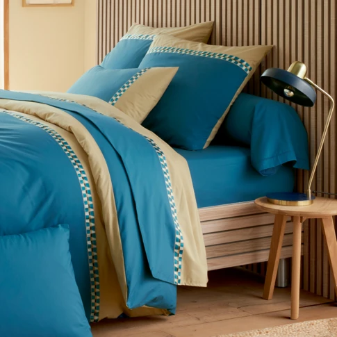 Taie d’oreiller en percale de coton motif géométrique raffiné 65 x 65 cm BLEU