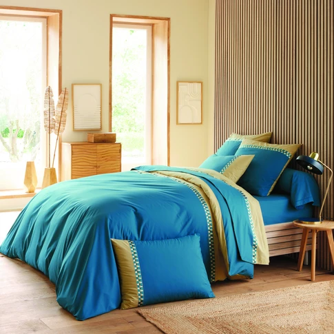 Housse de couette en percale de coton motif géométrique raffiné 140 x 200 cm BLEU