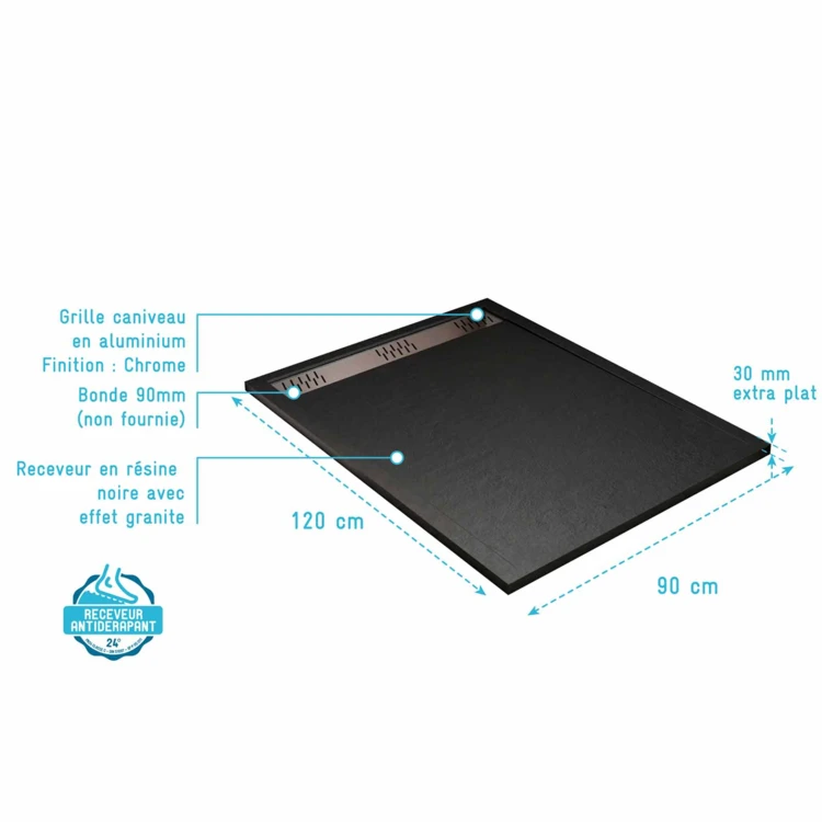 Receveur de douche extra-plat en résine effet pierre  grille linéaire chrome