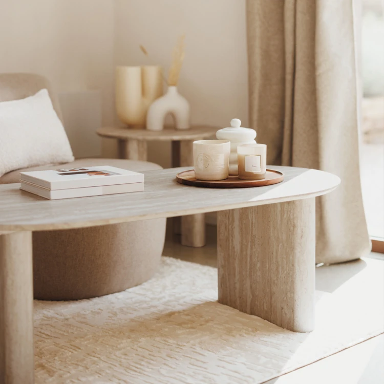 Table basse ovale effet travertin