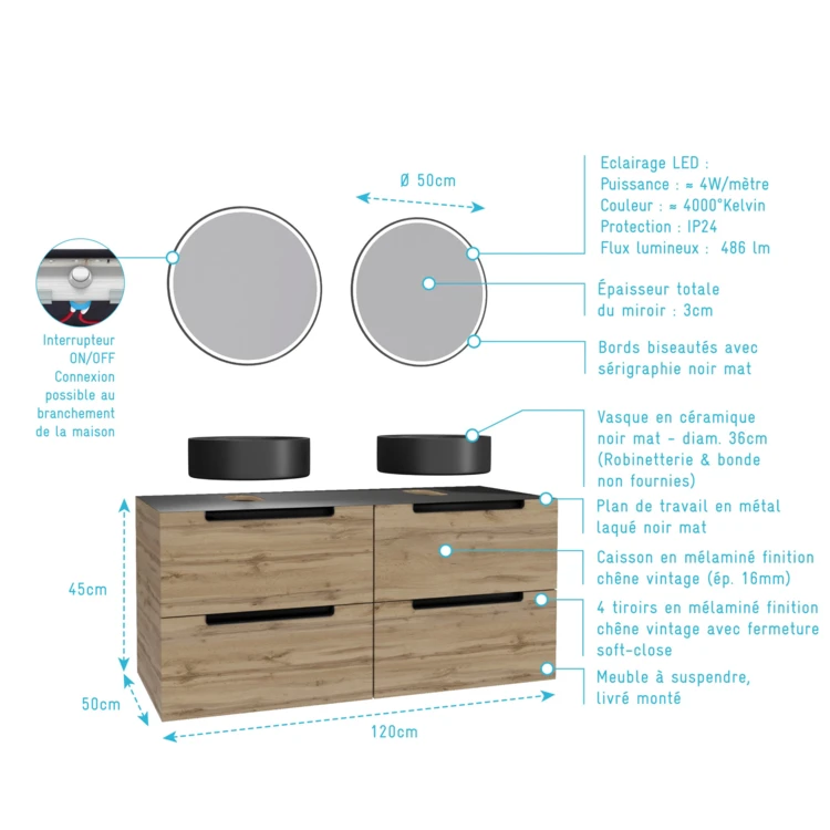Mobile da bagno con 2 lavabi rotondi e 2 specchi rotondi a led neri
