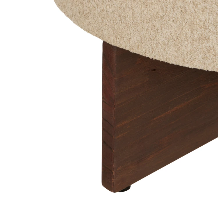 Puf redondo de tela bouclé con base de madera