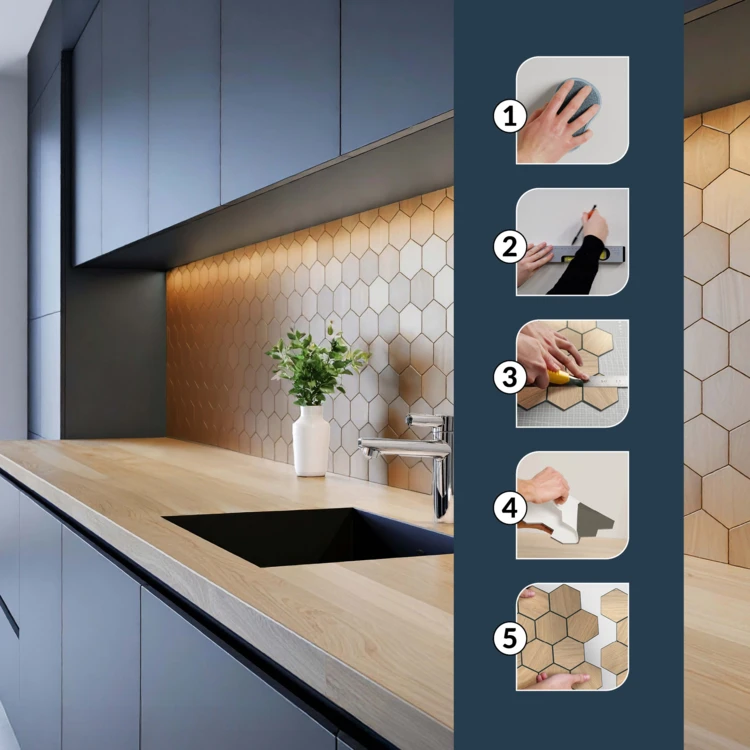 Lot de 4 crédences adhésives murales 3D effet carrelage hexagonal