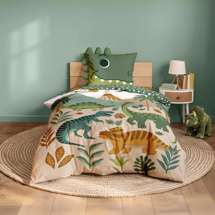 Conjunto de cama infantil de 2 peças, 100 % algodão, com estampado de dinossauros: colcha + fronha
