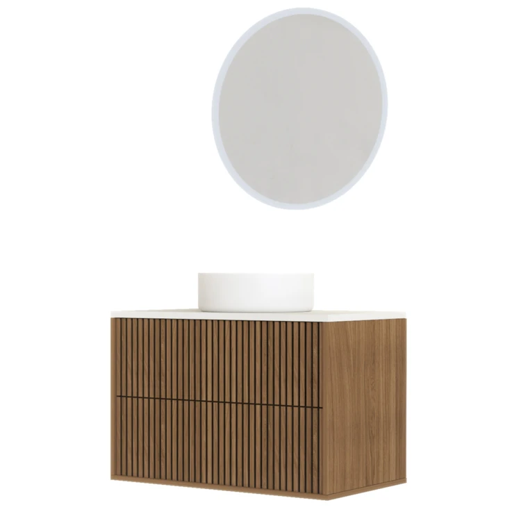 Mobile bagno sospeso con frontale dentellato, lavabo/i rotondo/i e specchio/i LED