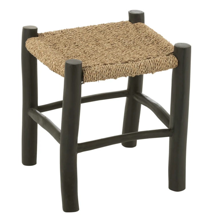 Tabouret carré en bois de teck et jonc de mer
