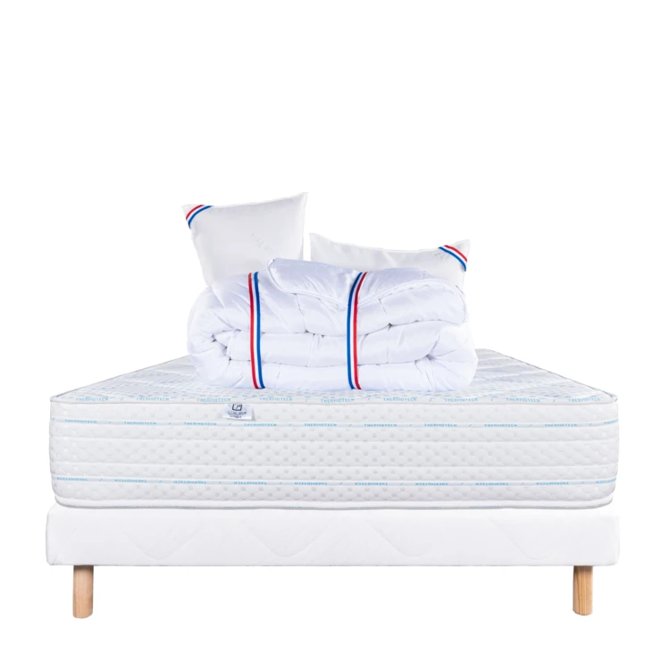 Ensemble literie avec matelas mémoire de forme 24 cm, sommier blanc, oreillers et couette