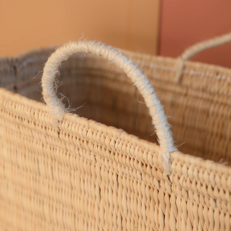 Grand panier en paille et anse coton Hassira