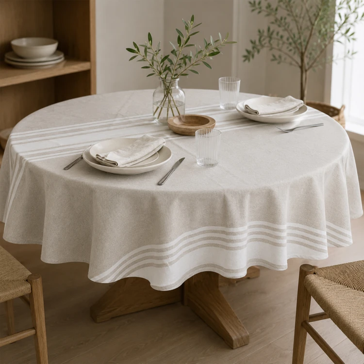 Nappe ronde en polycoton enduit anti-tache à motif rayé