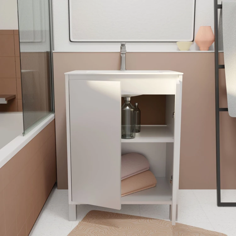Meuble de salle de bains sur pieds avec 2 portes et vasque