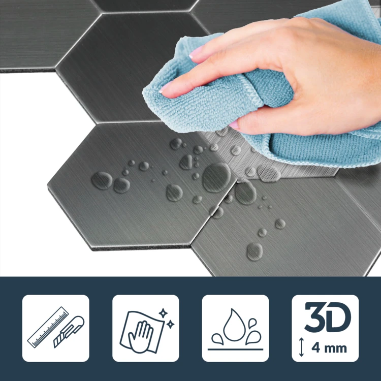 Lot de 4 crédences adhésives murales 3D effet carrelage hexagonal