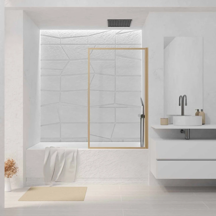 Pare-baignoire rabattable en verre trempé avec cadre aluminium effet bois