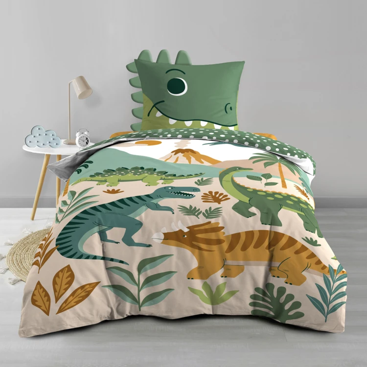 Conjunto de cama infantil de 2 peças, 100 % algodão, com estampado de dinossauros: colcha + fronha