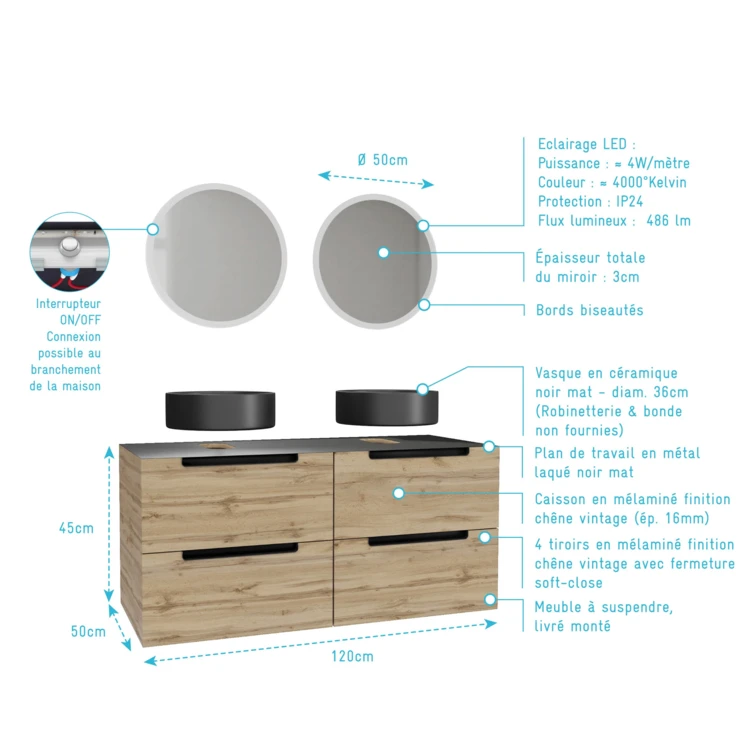 Mobile da bagno con 2 lavabi rotondi e 2 specchi rotondi a LED