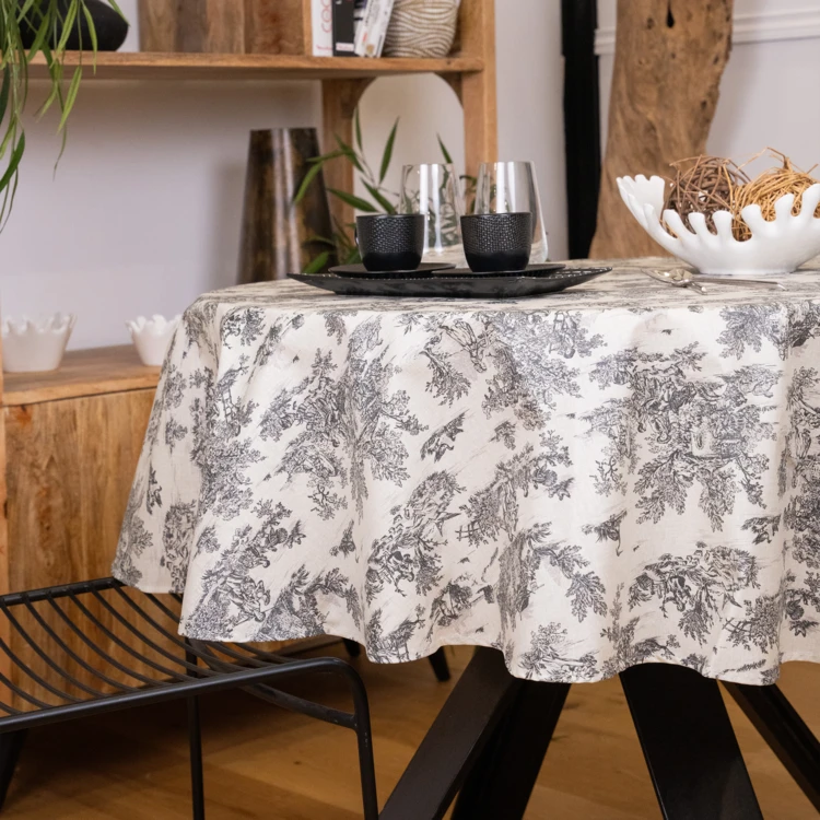 Runde Wachstuchtischdecke mit Toile-de-Jouy-Muster