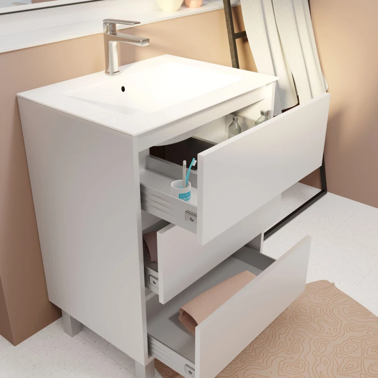 Mobile bagno con piedini, 3 cassetti e lavabo in ceramica