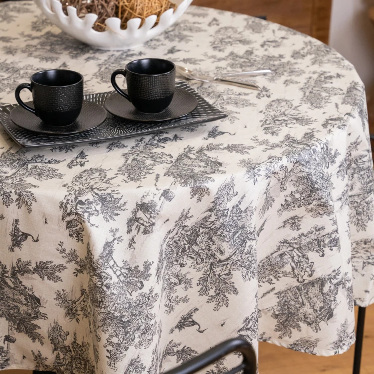 Runde Wachstuchtischdecke mit Toile-de-Jouy-Muster