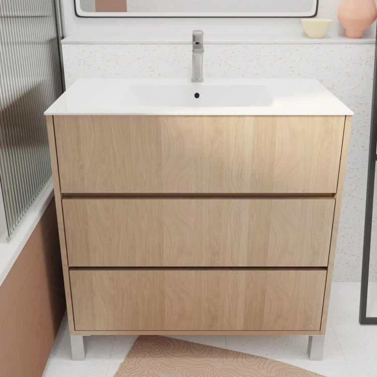 Mobile bagno con piedini, 3 cassetti e lavabo in ceramica