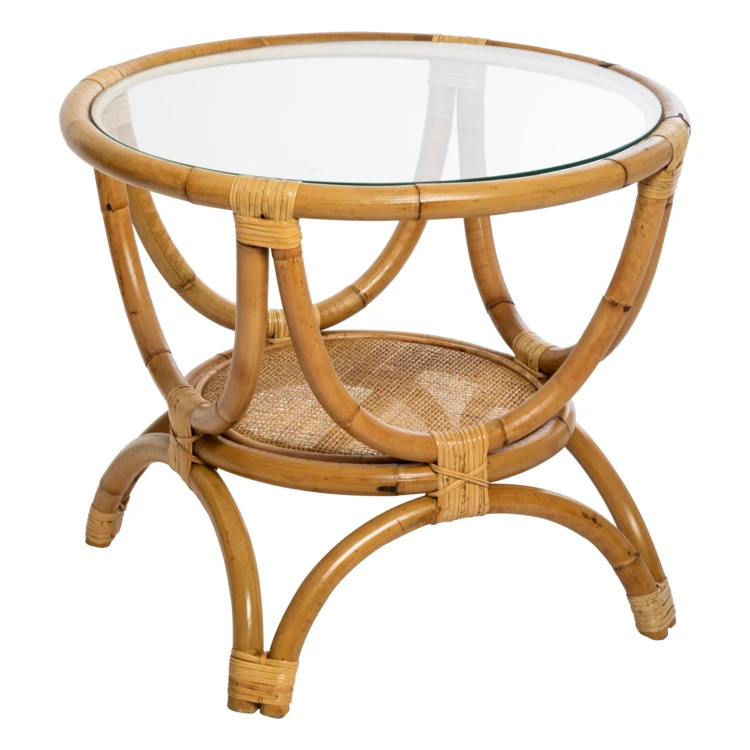 Runder Couchtisch aus Rattan mit Glasplatte