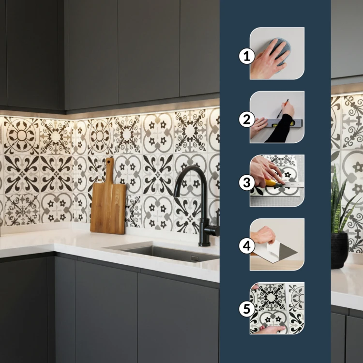 Lot de 4 crédences adhésives murales 3D motifs carreaux de ciment