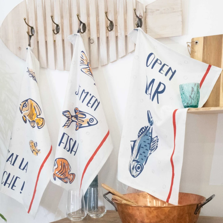 Lot de 3 torchons message poissons en coton