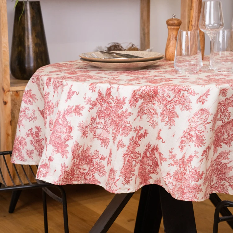 Runde Wachstuchtischdecke mit Toile-de-Jouy-Muster