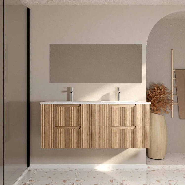 Mobile lavabo doppio con frontale ondulato e ampio spazio di archiviazione
