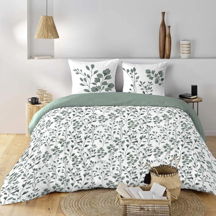Parure de lit 3 pièces en coton à motif feuillage housse + taies