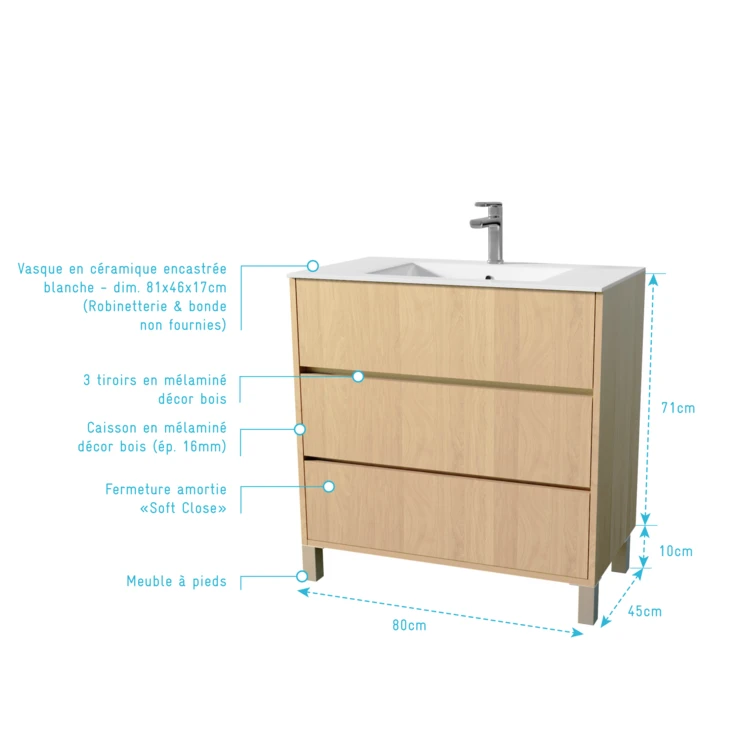 Mobile bagno con piedini, 3 cassetti e lavabo in ceramica