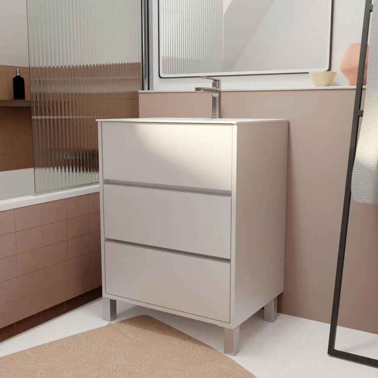 Mobile bagno con piedini, 3 cassetti e lavabo in ceramica