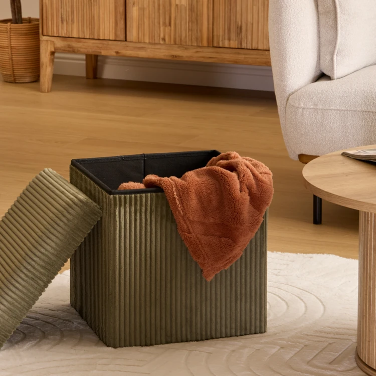 Pouf pliable effet velours côtelé avec rangement intégré