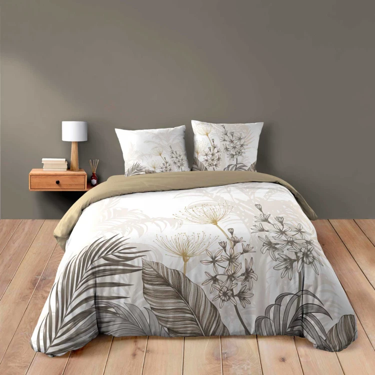 Parure de lit 3 pièces coton motif feuillage floral housse + 2 taies
