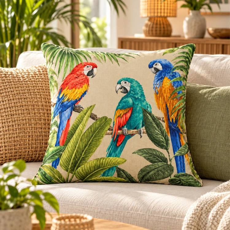 Coussin outdoor imprimé perroquets