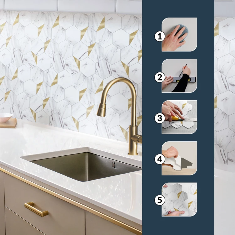 Lot de 4 crédences adhésives murales 3D effet carrelage hexagonal