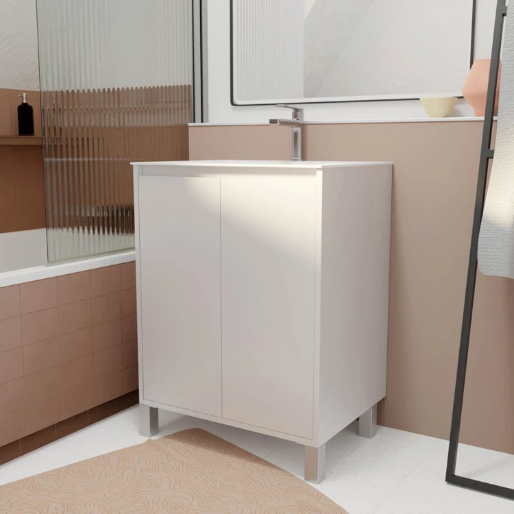 Meuble de salle de bains sur pieds avec 2 portes et vasque