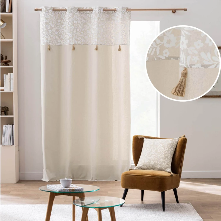 Rideau à œillets polycoton avec top floral et pompons