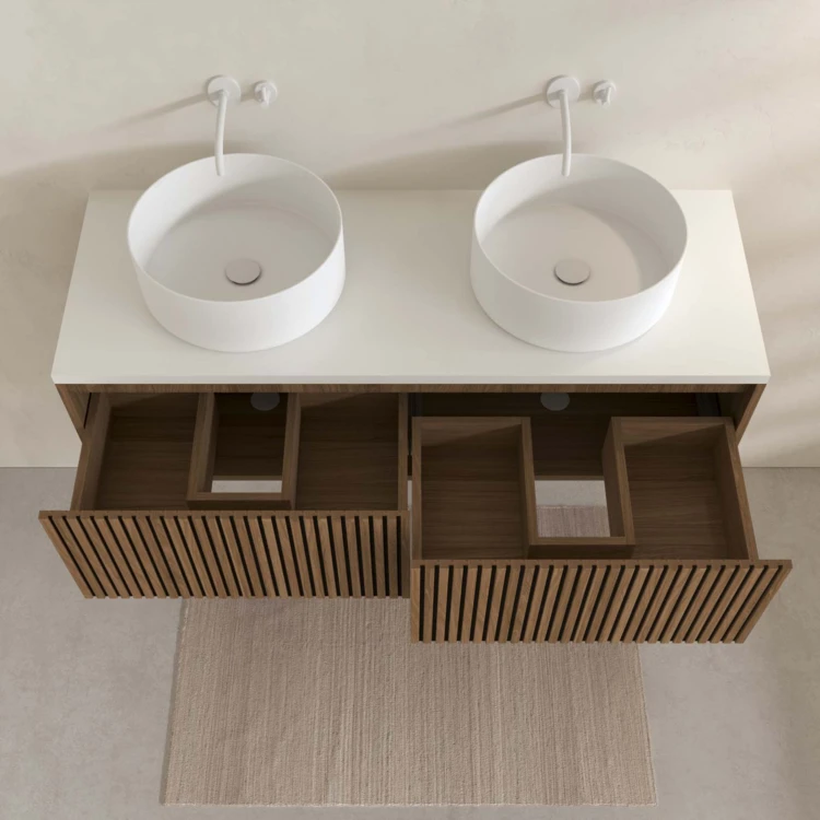 Mobile bagno sospeso con frontale dentellato, lavabo/i rotondo/i e specchio/i LED