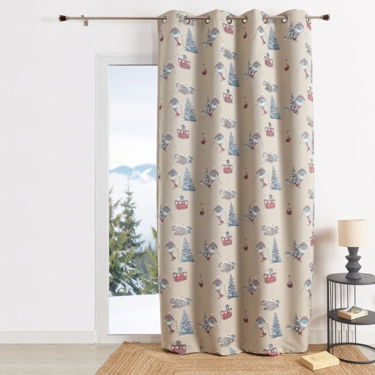 Rideau jacquard à œillets avec motifs skieurs et sapins