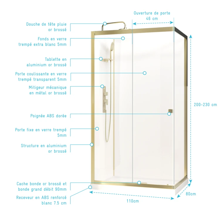 Cabine de douche rectangulaire avec receveur bas et porte coulissante