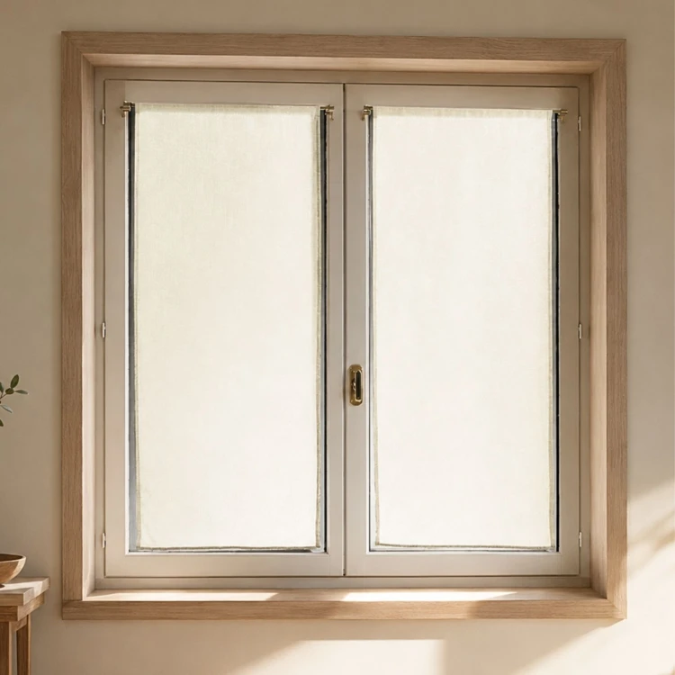 Par de pequenas cortinas transparentes lisas e leves