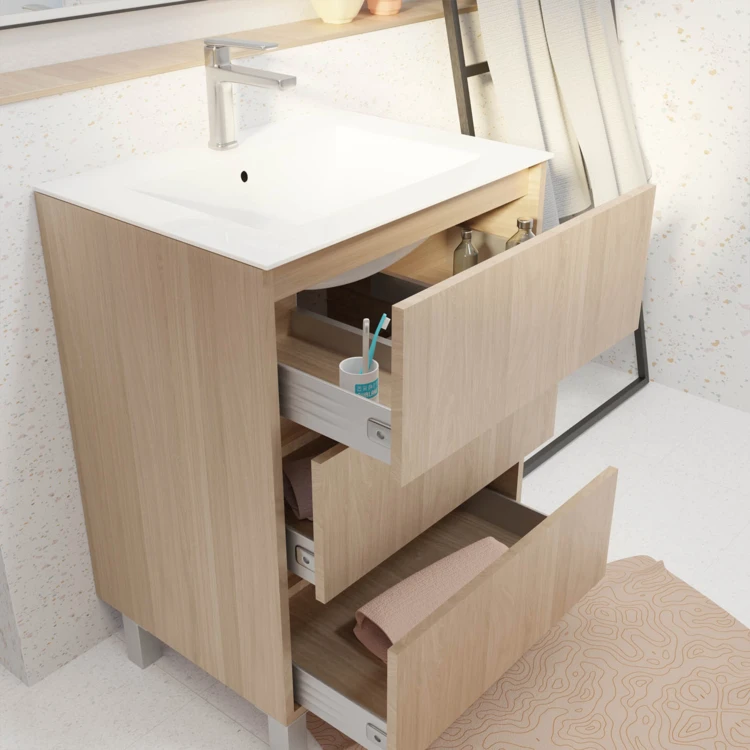 Mobile bagno con piedini, 3 cassetti e lavabo in ceramica