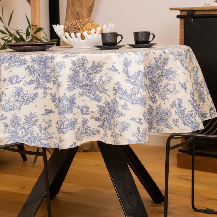 Runde Wachstuchtischdecke mit Toile-de-Jouy-Muster