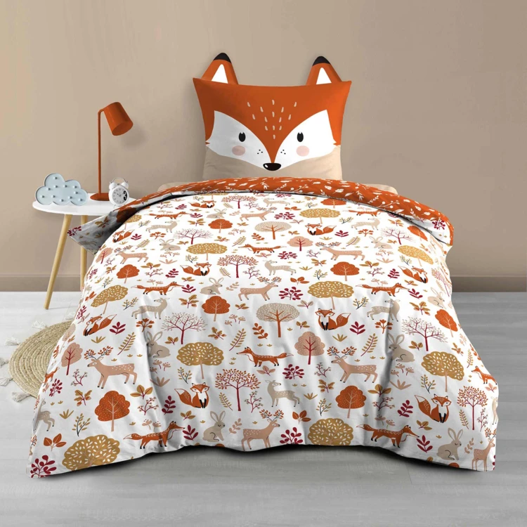 Parure de lit enfant réversible en coton motif renard et nature