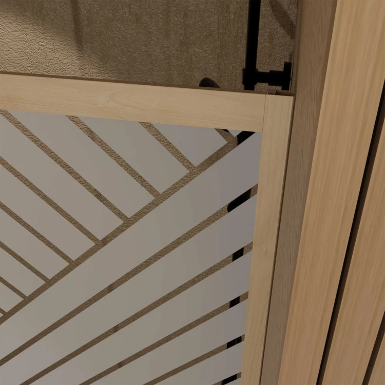 Puerta de ducha corredera de vidrio serigrafiado con motivo geométrico y acabado efecto madera